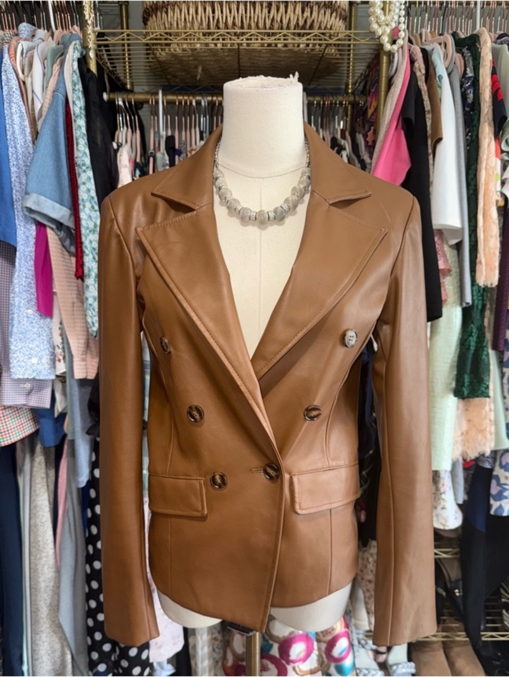 Women’s Double-Breasted Faux Leather Blazer Jacket - Tan Evereve